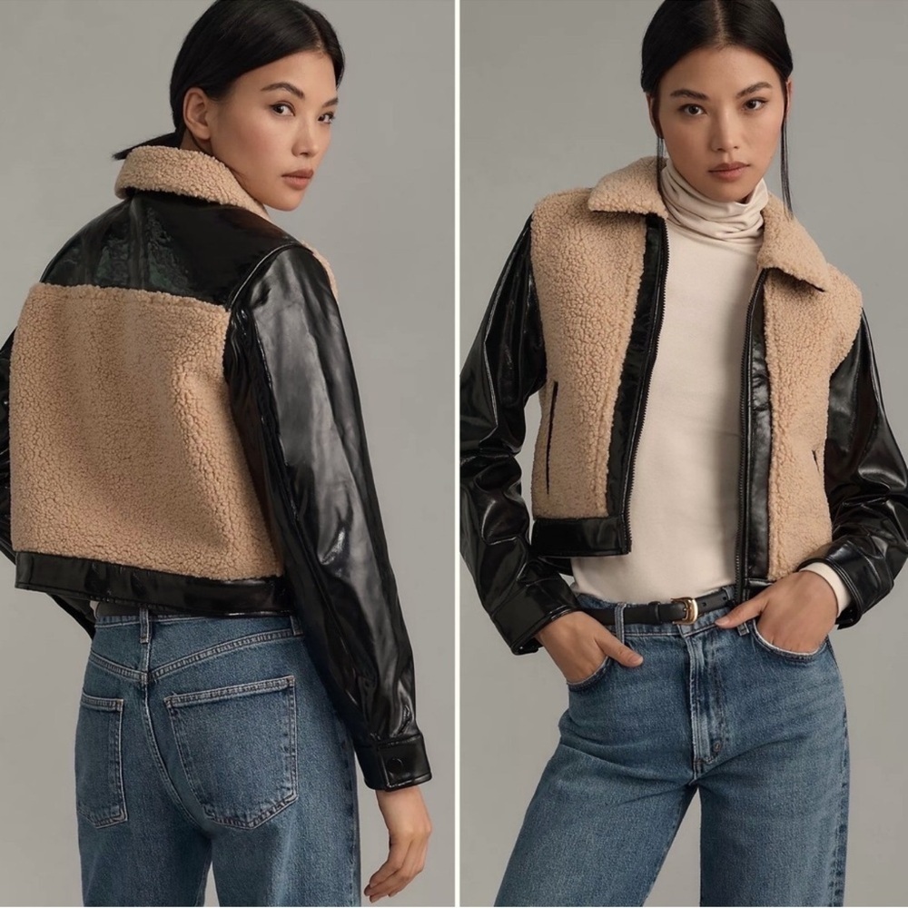 NWOT Anthropologie Maeve Vegan Leather Sherpa Cropped Jacket Small Tan Black